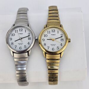 2X Timex Women's Watch 25MM Gold Gray Tone Bracelet Band Date New Battery